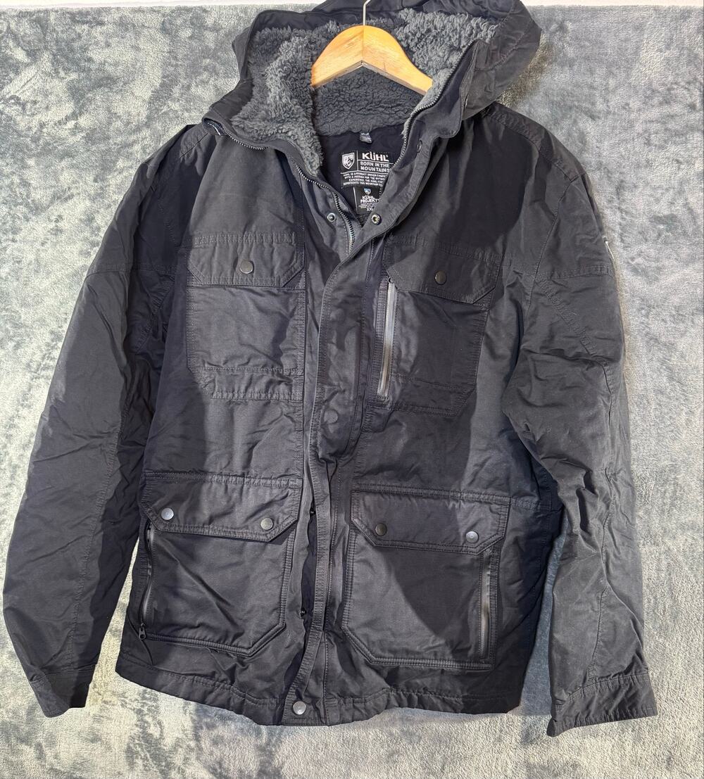 KUHL Kollusion Fleece Lined Jacket Men XXL Black Waxed Hooded Winter Coat 1180